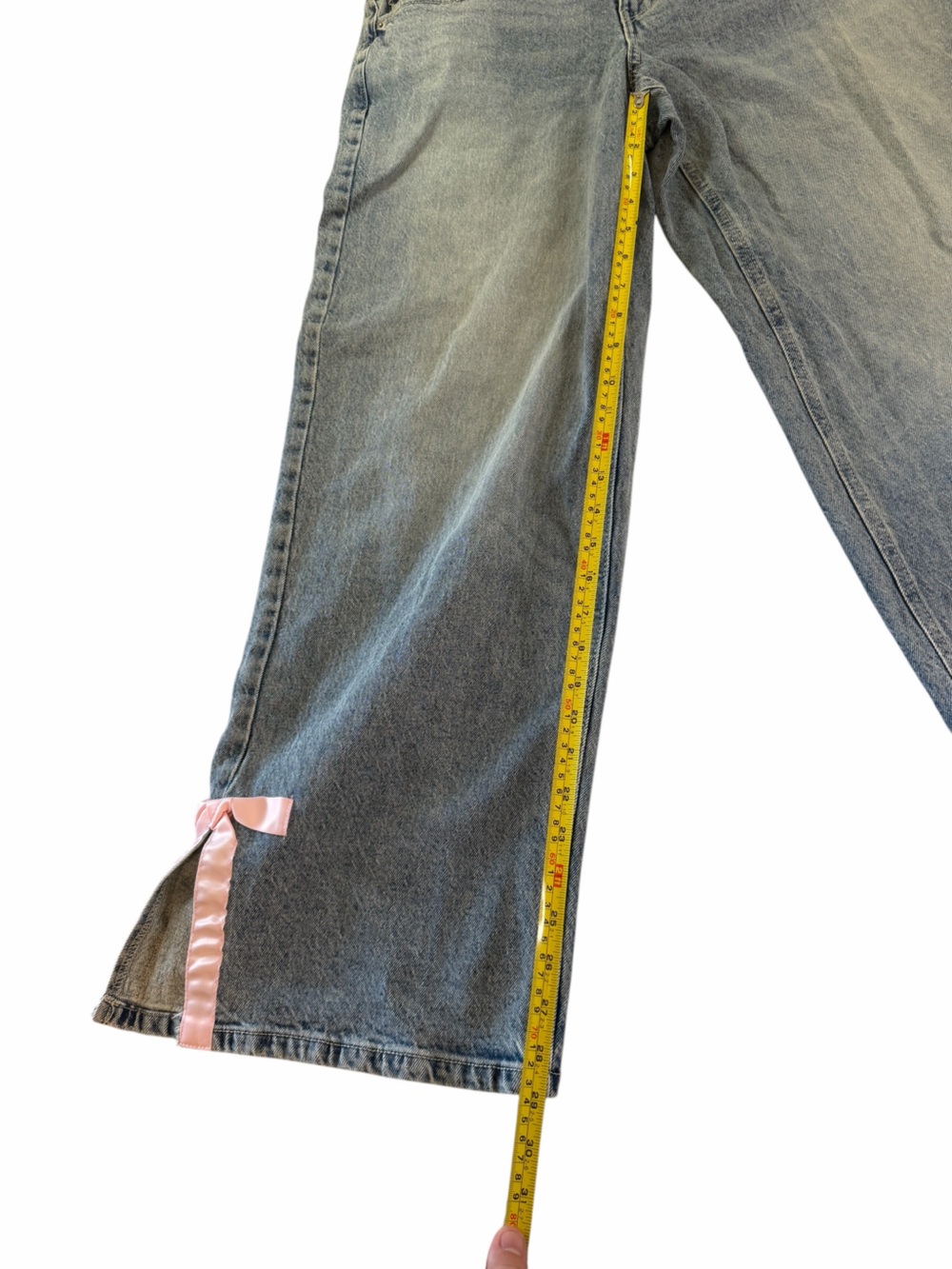 No Boundaries Wide-Leg Blue Denim Jeans with Pink Bow Hem - Picture 3 of 6